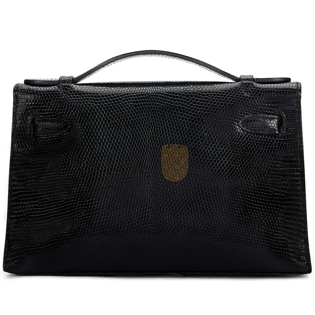 HERMÈS MASTER BLACK SHINY NILOTICUS LIZARD KELLY POCHETTE GOLD HARDWARE (22*14*7cm)